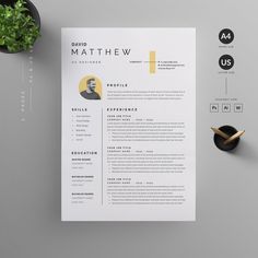 a clean and modern resume template with yellow accents on the cover, next to a potted plant