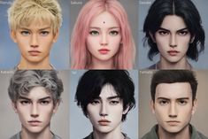 six different types of male and female hairstyles, each with various colored hair colors