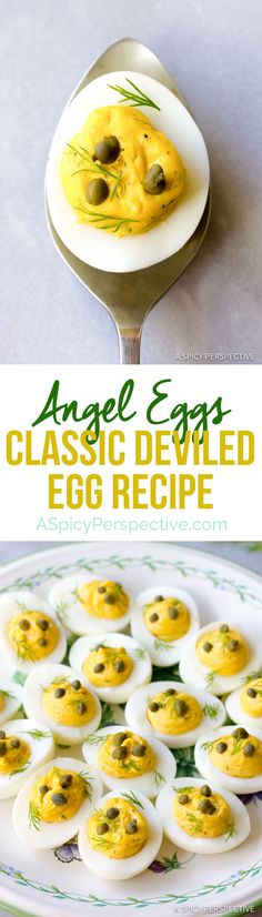 an egg is on a plate with some eggs in it and the title reads angel eggs classic deviled egg recipe