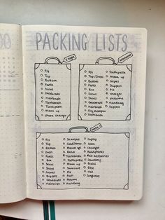 an open notebook with the words packing lists written in black ink on top of it