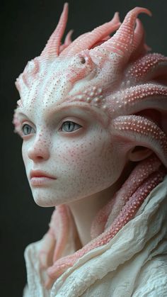 a close up of a person with white skin and pink tentacles on their head,