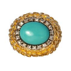 Vintage Turquoise Cabochon & Diamond 18K Gold Cocktail Ring Vintage Turquoise Cabochon Ring, Luxury Turquoise Cabochon Ring In Yellow Gold, Luxury Turquoise Cabochon Ring, Luxury Vintage Cabochon Turquoise Ring, Vintage Green Turquoise Cabochon Ring, Estate Engagement Ring, Gemstone Rings Vintage, Vintage Inspired Rings, Antique Wedding Rings