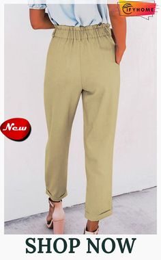 Khaki High Rise Paper Bag Waist Pocketed Casual Pants Khaki Pants With Pockets For Day Out, Khaki Bottoms With Belt Loops For Day Out, Casual Pants, Paper Bag, High Rise, On Sale, Pants, Trousers