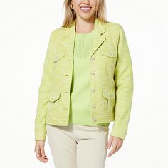 Jaclyn Smith Stretch Knit Tweed Jacket  A crowd-pleaser with its trendy texture and cool pockets, this short, classic everyday jacket has the power to elevate even the most casual outfits. Sitting right at the hip, the button-front topper keeps your look classy and a little sharper and sleeker than your typical outerwear. Pair this durable yet soft-to-the-touch tweed jacket with dark denim for a rustic yet refined autumn look, or layer it over a floral sundress for a chic spring or summer ensemble. Casual Tweed Jacket With Button Closure, Casual Single Breasted Tweed Jacket For Spring, Casual Spring Tweed Jacket With Pockets, Casual Spring Tweed Outerwear, Casual Tweed Outerwear For Spring, Casual Spring Tweed Jacket, Casual Tweed Jacket For Work, Trendy Spring Tweed Jacket With Button Closure, Spring Workwear Textured Knit Outerwear