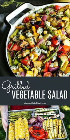 grilled vegetable salad in a pan with text overlay