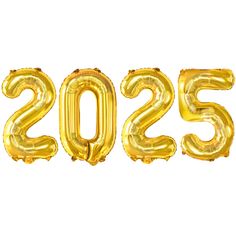 the number 2055 is made out of gold foil balloons and sits in front of a white background