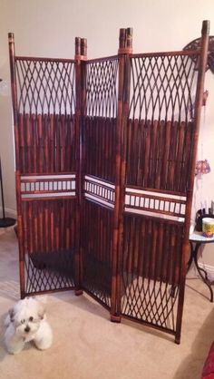 a room divider made out of bamboo with a small white dog sitting in front of it