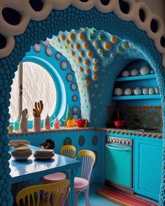 a kitchen with blue walls and colorful furniture