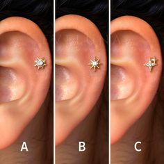 three different types of ear piercings are shown in four different positions, each with an individual's name