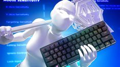 a white robot holding a keyboard and mouse