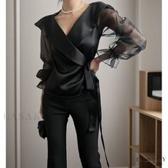 Lasaky - Womens Chiffon Shirt with Bubble Sleeves and Bow-Tie Detail Mode Ab 50, Lace Up Blouse, Satin Shirts, Women Chiffon Blouse, Flare Long Sleeve, Spring Outfits Women, Elegant Chic, Womens Long Sleeve Shirts, Loose Blouse