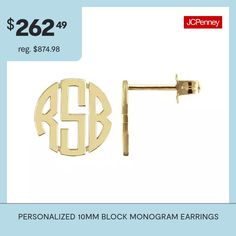 Your initials or the ones of someone you love can be displayed in these classic block monogram earrings. Made in America.Metal: Sterling silver, 10K yellow or white gold, 14K white, yellow or rose gold, 24K yellow or rose gold over silverBack: PostPersonalize: Must be 3 initials. Initials will appear exactly in the order entered; center initial will be enlarged.Features: Monogrammable, PersonalizedMetal Color: YellowEarring Length: 10mmEarring Width: 10mmEarrings Style: Stud EarringsMetal: 14k … Monogram Earrings, Earrings Stud, Love Can, Made In America, In America, Or Rose, Initials, Monogram, Stud Earrings