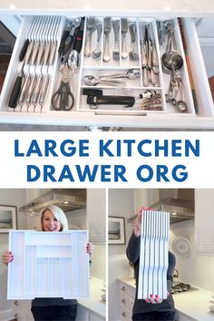 the large kitchen drawer is organized with utensils