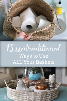 a basket filled with toilet paper on top of a table