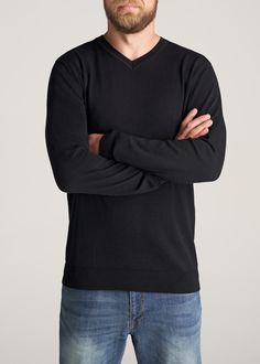 American-Tall-Men-EveryDay-VNeck-Sweater-Black-front Black Casual V-neck Sweater With Ribbed Cuffs, Black V-neck Sweater With Ribbed Cuffs, Black Long Sleeve V-neck Sweater With Ribbed Cuffs, Black Ribbed Cuff V-neck Sweater For Fall, Classic Black V-neck Sweater For Fall, Classic Black V-neck Sweater For Winter, Black Cotton V-neck Winter Sweater, Black Cotton V-neck Sweater For Winter, Black V-neck Sweater