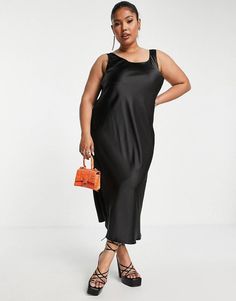 ASOS DESIGN Curve scoop neck midi satin slip dress in black | ASOS Beige Mom, Casual Dresses Plus Size, Black Dress Outfits, Black Satin Dress, Column Dress, Plus Size Maxi, Asos Curve, Plus Size Kleidung, Satin Slip