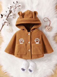 Baby Girl Paw Embroidery 3D Ear Design Hooded Cape Coat Coffee Brown   Long Sleeve Knitted Fabric Cartoon,Floral,Letter,Plants Cape Slight Stretch  Baby Girls Clothing, size features are:Bust: ,Length: ,Sleeve Length: Paw Embroidery, Mantel Cape, Embroidery 3d, Ear Design, Hooded Cape, Baby Outerwear, Girls Outerwear, Cape Coat