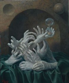 a painting of hands reaching for a bubble