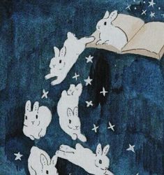 an image of rabbits flying in the sky with stars around them and reading a book