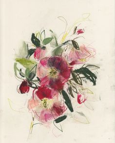 a drawing of flowers with green leaves and red petals on a white background, in pastel colors