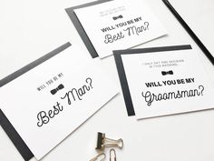 three greeting cards with the words best man and will you be my groomsman?