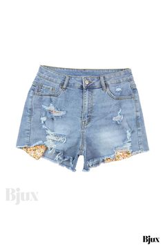 Bjux - Pantalones cortos vaqueros desgastados con inserto de punto floral y acabado de dobladillo único Distressed Stretch Jean Shorts For Spring, Spring Ripped Short Jeans, Ripped Stretch Shorts For Spring, Stretch Ripped Shorts For Spring, Ripped Stretch Jeans For Summer, Stretch Ripped Jeans For Summer, Summer Stretch Ripped Jeans, Summer Stretch Distressed Jeans, Distressed Stretch Jeans For Summer