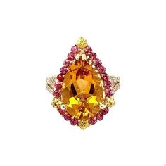 6.52 Carat Pear Cut Citrine Sapphire Diamond Yellow Gold Engagement Ring This gorgeous ring has a magnificent Pear Cut Citrine Quartz weighing 5.20 Carats and is surrounded by 24 Red Sapphires that weigh 1.06 carats and 28 Round Cut Diamonds that weigh 0.26 carats. (Clarity: SI, Color: F) The total carat weight of the ring is 6.52 carats.  Each stone is handpicked and carefully curated to create a unique piece by our in-house designer and jeweler! The Citrine measures approximately at 11 mm x 16 Red Sapphire, Yellow Gold Engagement Ring, Gorgeous Ring, Yellow Gold Engagement, Yellow Gold Engagement Rings, Gold Engagement Ring, Gold Engagement, Gold Engagement Rings, Sapphire Diamond