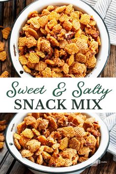 sweet and salty snack mix in a white bowl on top of a wooden table with text overlay