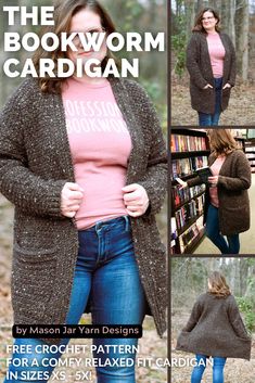 the bookworm cardigan pattern is shown in three different pictures