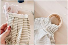 two pictures showing how to fold fabric into napkins and place them on the table