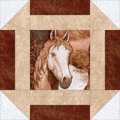 a brown and white horse is shown in the center of a quilted square with an image of it's head