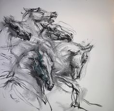 a drawing of two horses in motion on a white background with black and gray ink