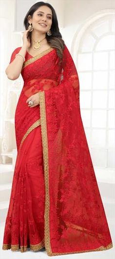 Red and Maroon color Saree in Net fabric with Embroidered, Resham, Stone, Thread, Zari work Party Wear Saree, Net Fabric, Zari Work, Party Wear Sarees, Maroon Color, Party Wear, Thread, Saree, Red