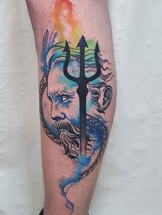 Poseidon With Trident Tattoo, Posiden Tattoo Design, Trident Tattoos, Poseidon Tattoos, Angle Tattoo, Trident Tattoo, Poseidon Tattoo, Sailor Tattoo, Aquarius Tattoo