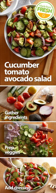 the ingredients for cucumber and tomato salad are shown in three separate pictures, including tomatoes, onions, avocado, onion, and sliced peppers