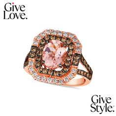 in stock Halo Ring Set, Chocolate Diamond, Brown Rings, Rose Gold Brown, Peach Morganite, Split Shank Ring, Chocolate Diamonds, Le Vian, Gold Sign