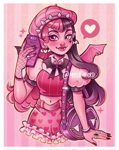 a drawing of a girl holding a cell phone and wearing a pink outfit with horns on her head