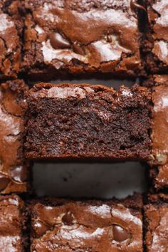 chocolate brownies are stacked on top of each other