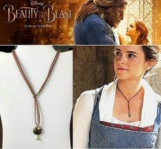 the beauty and the beast necklace is shown in three different pictures, including an image of belle