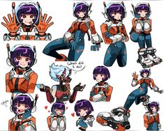 the character sheet for an animated video game, with various poses and expressions on it