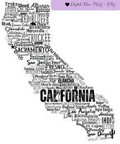 the california state is shown in black and white with words all over it, as well as