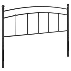 a black metal headboard with four posts and an arched top, against a white background