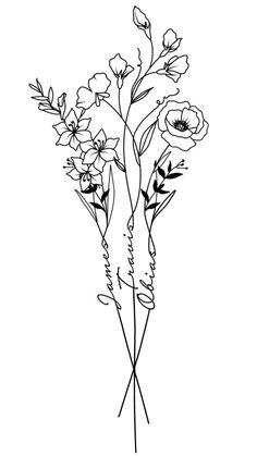 an ink drawing of flowers on a white background