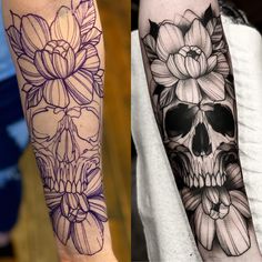 two tattoos with flowers on them and a skull in the middle one is black and white