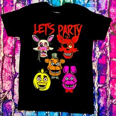 a t - shirt that says let's party with five cartoon characters on it