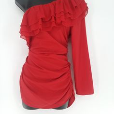 Red Ruffle Blouse With One Long Sleeve Side Zipper Size S Or M Or L A Flowy, Soft Top That Will Look Great With Dress Pants, Skirt Or Jeans. Can Be Worn Year Round, But Perfect For The Holidays. Easy To Care For. Condition Is "New With Tags". Shipped With Usps First Class. Measurements On Large: Sleeves 22 Inches Bust 18 Inches Shoulder To Hemline 33 Inches Hidden Side Zipper Smoke Free / Pet Free Home Red Ruffled Blouse For Formal Occasions, Chic Red Party Blouse, Red Ruched Blouse For Spring, Red Flirty Evening Top, Red Ruffled Tops For Evening, Spring Red Ruched Blouse, Chic Red Blouse With Ruffles, Fitted Ruched Red Blouse, Vacation Ruffle Red Blouse