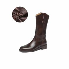 #Color_Brown Western Chelsea Boots With Leather Lining For Fall, Leather Mid-calf Boots With Flat Heel For Fall, Western Style Moto Boots For Business In Fall, Elegant Fall Moto Boots With Leather Lining, Low Heel Calf Leather Boots For Fall, Fall Mid-calf Boots With Low Heel For Work, Wide Calf Mid-calf Boots With Low Heel For Fall, Brown Mid-calf Boots With Round Toe In Calf Leather, Fall Moto Boots With Leather Sole And Low Heel