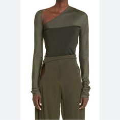 Mugler Asymmetric Illusion Mesh Top In Military Green Sz Medium Nwot Has Some Fabric Pulls Shown. Pit To Pit 15.5” Shoulder To Bottom Hem 25” Mesh Shirts, Women Fashion Ideas, Mesh Shirt, Bodysuit Top, Shirts Women Fashion, Cutout Bodysuit, Paris Woman, Illusion Neckline, Thierry Mugler