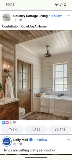 an image of a bathroom with white walls and wood trimmings on the ceiling