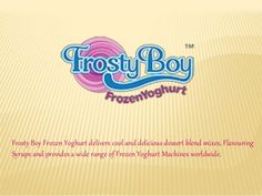 the frosty boy frozen yogurt logo is displayed on a yellow background with pink and blue swirls